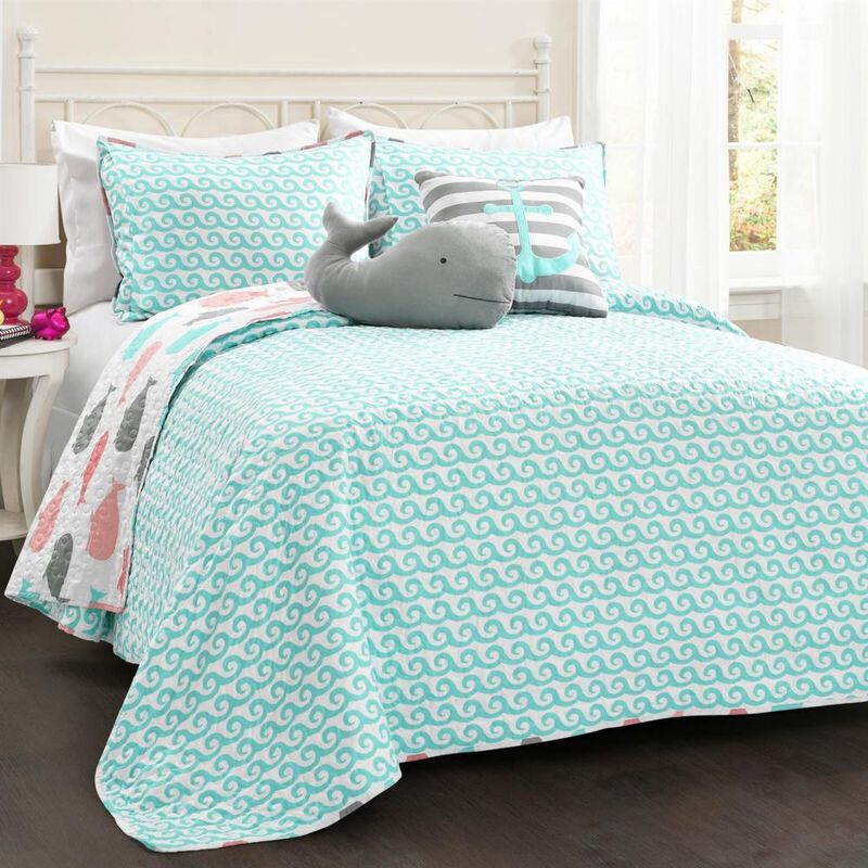 Hivvago Full/Queen 5 Piece Microfiber Quilt Set in Teal Pink Aqua Waves Whale Pattern