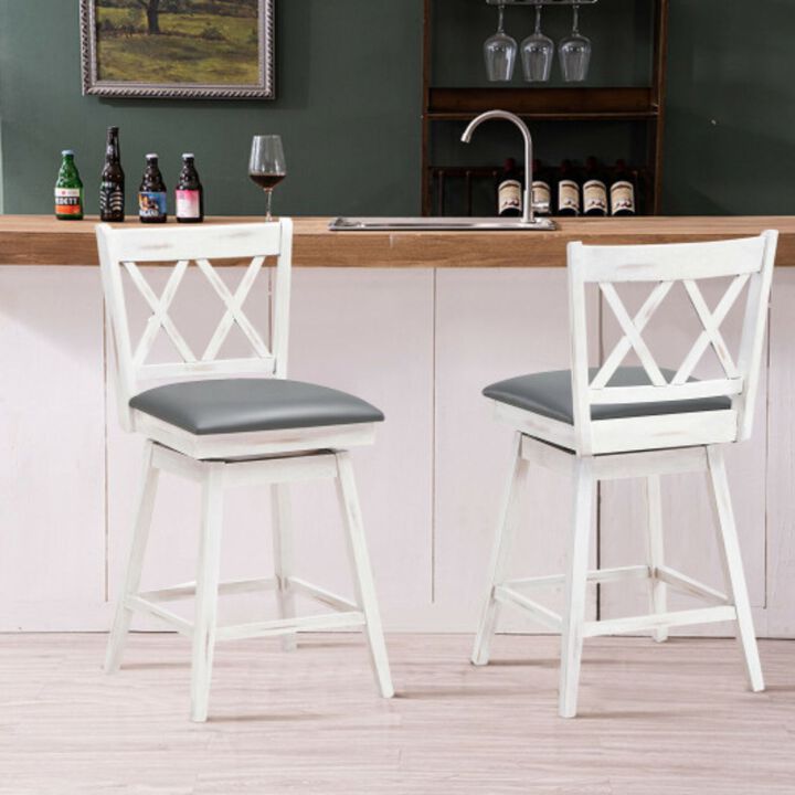 2 Pieces 25 Inch Swivel Counter Height Barstool Set with Rubber Wood Legs - White