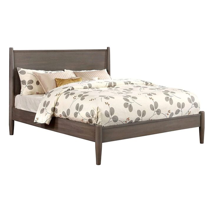 Mid Century Modern Wood Queen Bed with Round Tapered Legs, Gray-Benzara