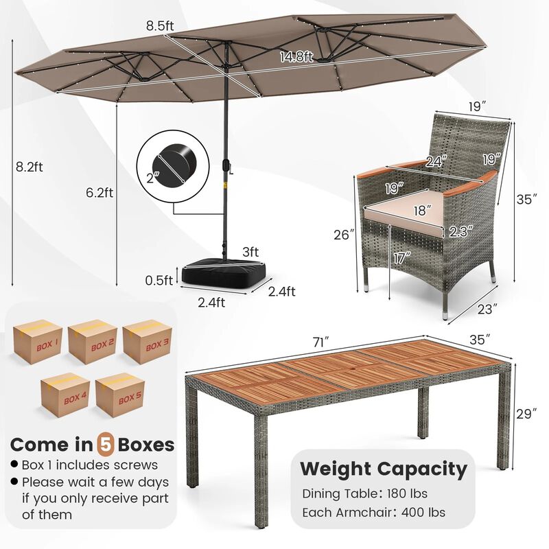 Mondawe 9-Piece Patio Dining Set,71" Acacia Table With 15ft Solar LED Umbrella & PE Rattan Chairs