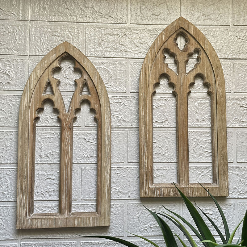 Whitewashed Wood Gothic Arch Window Frame Wall Decor 2 Piece Set image number 6