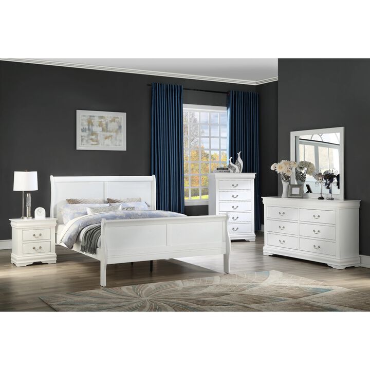 Louis Philippe White Finish Queen Size Panel Sleigh Bed Solid Wood Wooden Bedroom Furniture