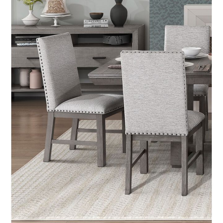 Dining Chairs 2pc Set Beige Fabric Upholstered Seat and Back Nailhead Trim Gray Finish Wood Frame Rustic Design Dining Furniture
