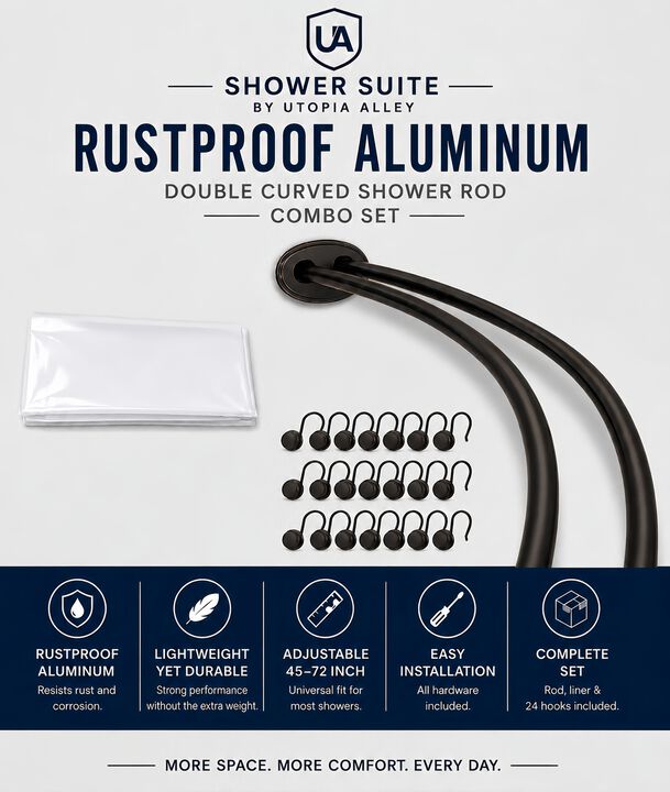 Shower Suite by Utopia Alley &ndash; Rustproof Aluminum Double Curved Shower Curtain Rod Combo Set with Liner & 24 Hooks, Adjustable 45&ndash;72 Inch Wall Mounted Dual Rod, Extra 30% Space