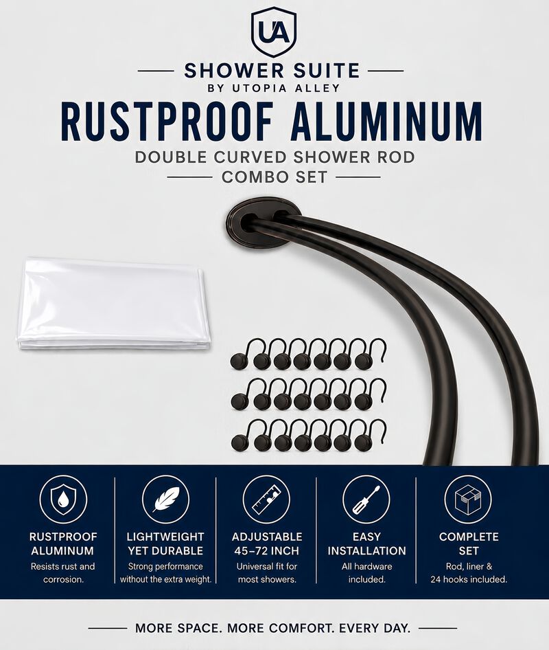 Shower Suite by Utopia Alley &ndash; Rustproof Aluminum Double Curved Shower Curtain Rod Combo Set with Liner & 24 Hooks, Adjustable 45&ndash;72 Inch Wall Mounted Dual Rod, Extra 30% Space image number 1