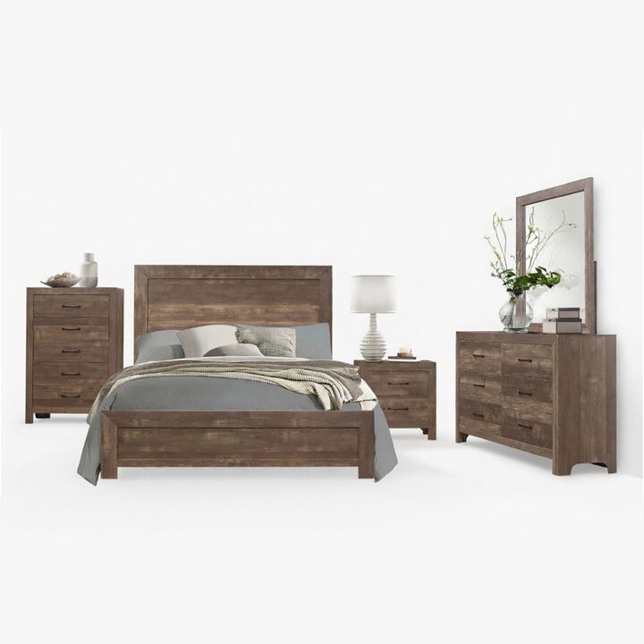 King Size Bedroom Set, Brown Finish, Panel Design, 5-Piece Set with Bed, 2 Nightstands, Dresser and Chest