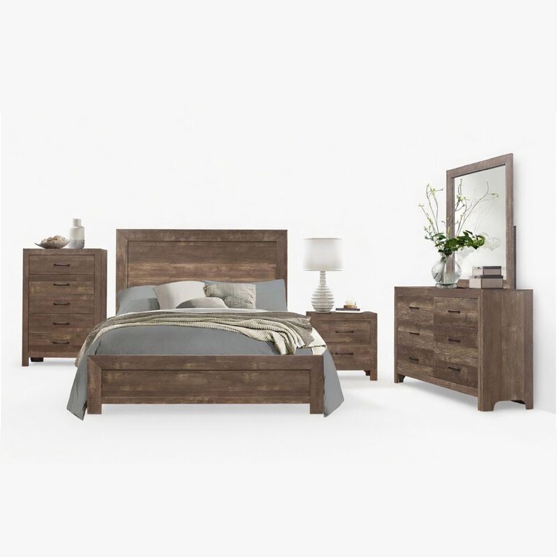 King Size Bedroom Set, Brown Finish, Panel Design, 5-Piece Set with Bed, 2 Nightstands, Dresser and Chest image number 0