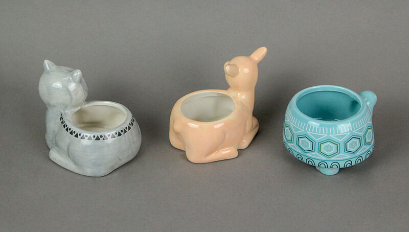 3 Forest Critters Raccoon Deer and Tortoise Dolomite Ceramic Mini Planters image number 2