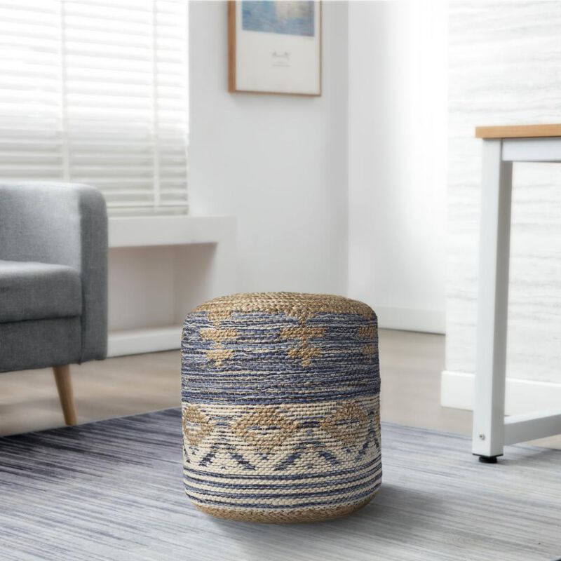 Hivvago 18 Inch Blue Cylinder Geometric Pouf Ottoman