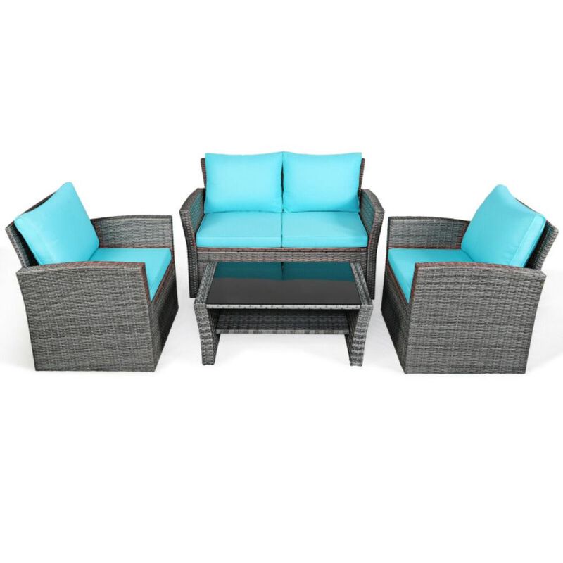 Hivvago 4 Pieces Patio Rattan Furniture Set Sofa Table with Storage Shelf Cushion