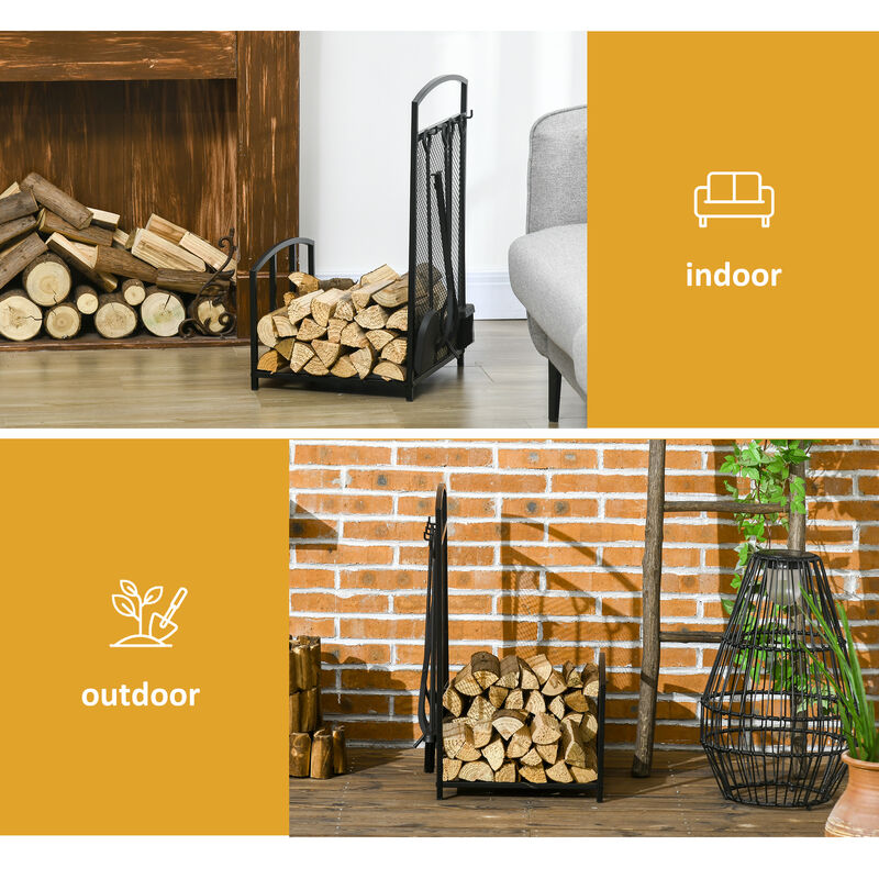 HOMCOM Firewood Rack with Fireplace Tools, Indoor Outdoor Firewood Holder for Fireplace, Wood Stove, Hearth or Fire Pit, Wood Storage Log Rack Includes Poker, Tongs, Broom, Shovel, Black
