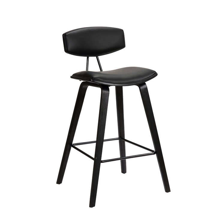 Fox Counter Height Black Faux Leather and Black Wood Mid-Century Modern Bar Stool