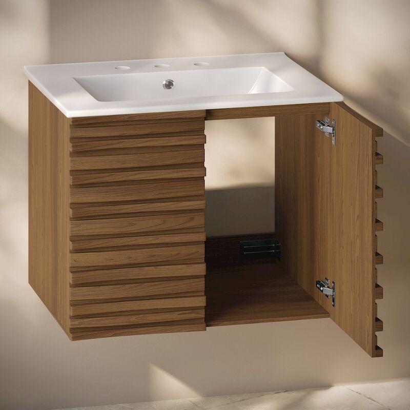 30" Wall-Mounted Bathroom Vanity in Brown Oak with 3-Hole Widespread Sink Top image number 3