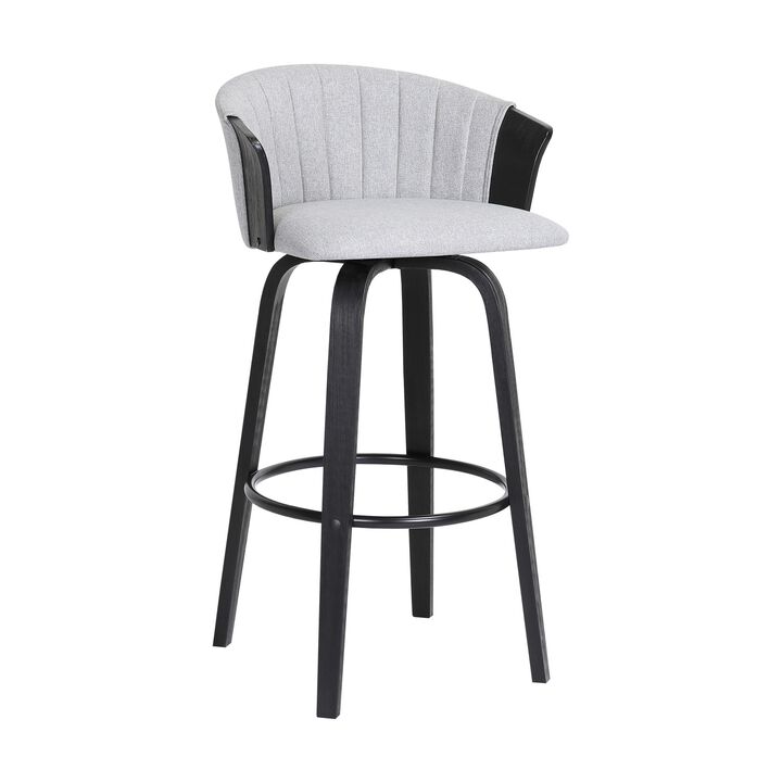 Oja 26 Inch Swivel Counter Stool Chair, Light Gray Fabric, Curved, Black - Benzara