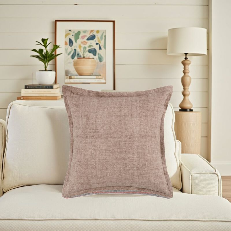 Pixie Throw Pillow, Self Flange, 22 Inch Light Brown Cotton Linen - Benzara