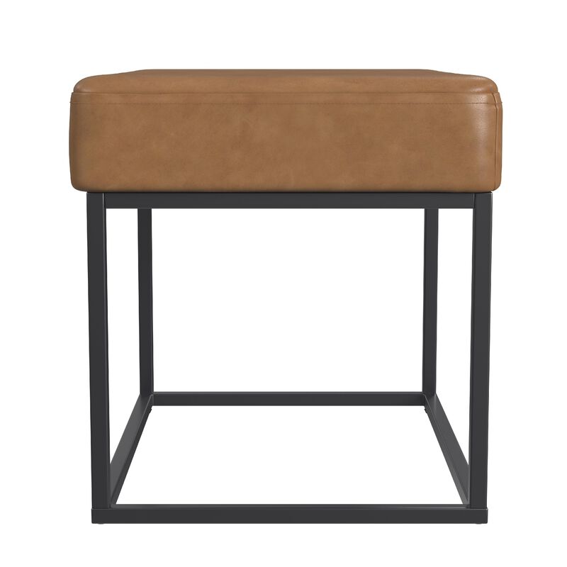Kai Ottoman Footstool, Carmel Brown Faux Leather, Black Metal, 22 Inch
