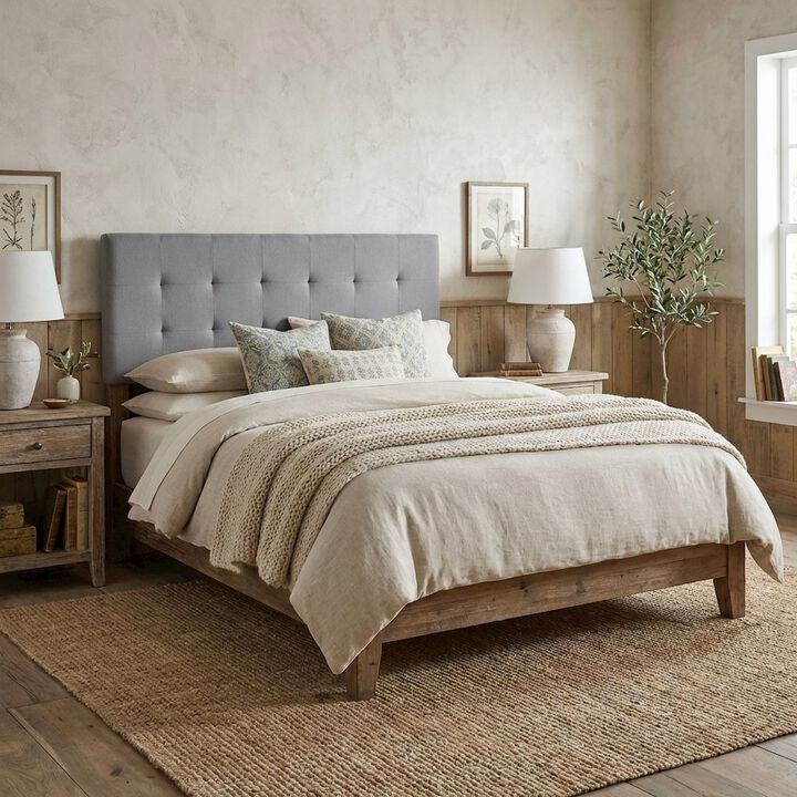 Gray Upholstered King Headboard with Rubberwood Frame and Stylish Design