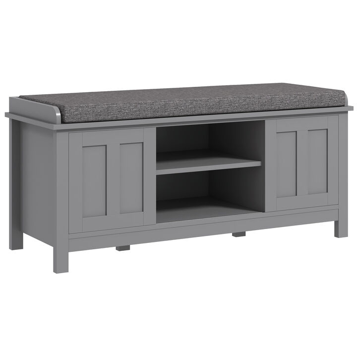 HOMCOM Entryway Shoe Bench Storage Ottoman with Sliding Doors, Adjustable Shelving, 6 Compartments, and Padded Seat, Holds 10 Pairs, Gray