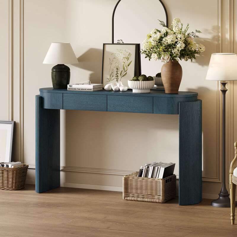 Merax Entryway Table with Natural Wood Grain Finish, Console Table with Fluted Design, Oval Top and 2 Drawers