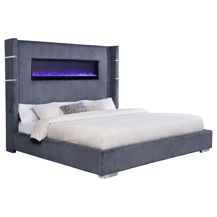 Caro King Bed, Wingback Panel w LED Flame, Gray Corduroy Upholstery - Benzara