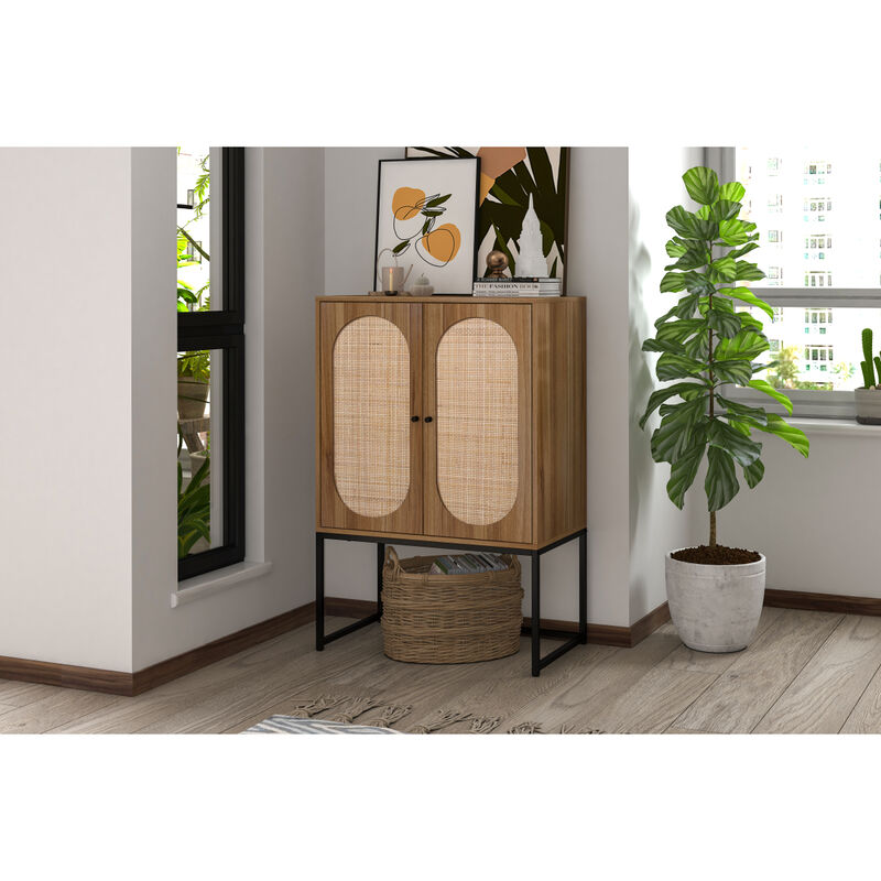 Natural rattan, Allen 2 Door high cabinet, rattan, Built-in adjustable shelf, Easy Assembly, Free Standing Cabinet for Living Room Bedroom