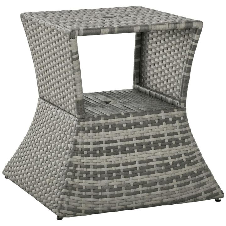 Hivvago Patio Wicker End Table with Storage Shelf and Umbrella Slot
