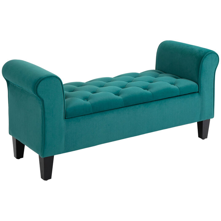 HOMCOM Button-Tufted Storage Ottoman Bench, Upholstered Bench with Rolled Armrests for Living Room or Hallway, Green
