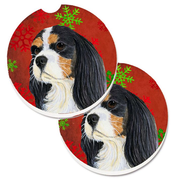 Caroline's Treasures Cavalier Spaniel Red & green Snowflakes Holiday Christmas Set of 2 Cup Holder Car Coasters LH9324CARC, 2.56, Multicolor