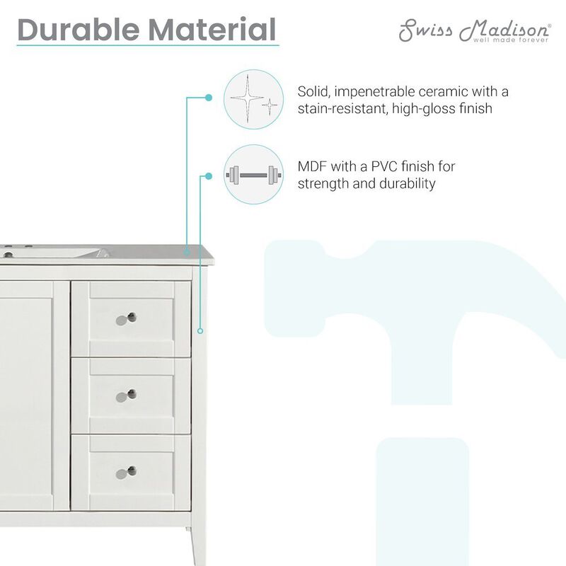 Cannes 48 in. White Bathroom Vanity with 3-Hole Ceramic Sink Top image number 2