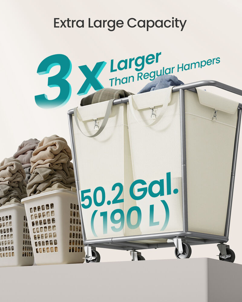 Large Rolling Laundry Hamper 50.2 Gal 2 Compartment Cream White image number 3