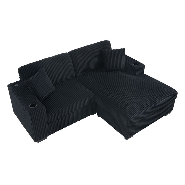 Merax Oversized Chaise Sectional with Corduroy Upholstery, Integrated Cup Holders & Charging Ports