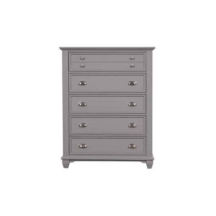 Limi Tall Dresser Chest, 5 Drawers, Light Gray Solid Acacia Wood - Benzara