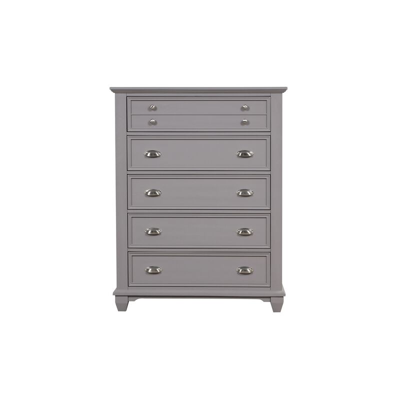 Limi Tall Dresser Chest, 5 Drawers, Light Gray Solid Acacia Wood - Benzara