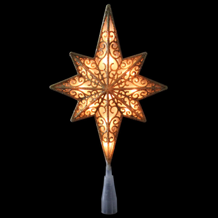 10" Lighted Frosted Clear and Gold Scroll Star of Bethlehem Christmas Tree Topper - Clear Lights