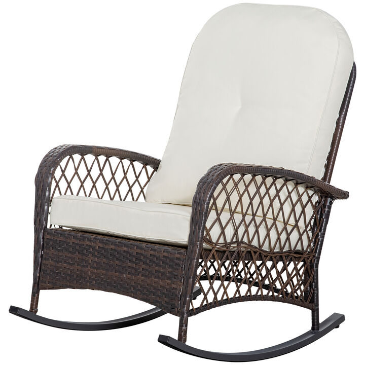 Outsunny Outdoor Wicker Rocking Chair with Wide Seat, Thick, Soft Cushion, Rattan Rocker w/Steel Frame, High Weight Capacity for Patio, Garden, Backyard, Cream White