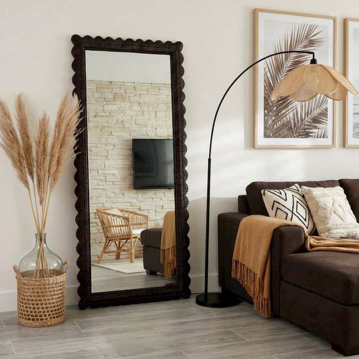 Butler Specialty Flora 32 in. W x 69.5 in. H Rectangular Scalloped Rattan Floor Mirror, Brown