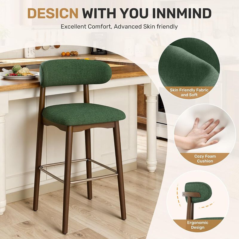 Modern Metal Counter Height Bar Stools | Steady Rubber Wood Legs & Ergonomic Backrest, Non-Swivel Kitchen Island Chairs for Dining Room, Home Bar, Outdoor image number 5