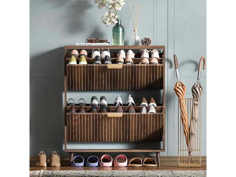 Slim Entryway Wood Shoe Storage Cabinet Flip Drawer Walnut