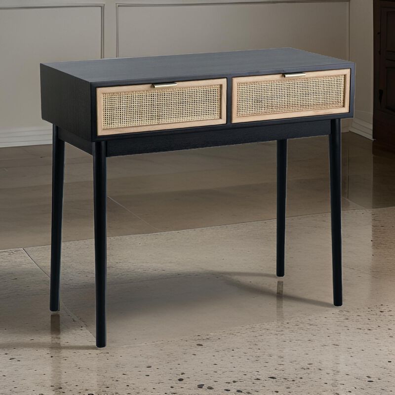 Ela 35 Inch 2 Drawer Wood Console Table, Woven Rattan Panels, Brown, Black