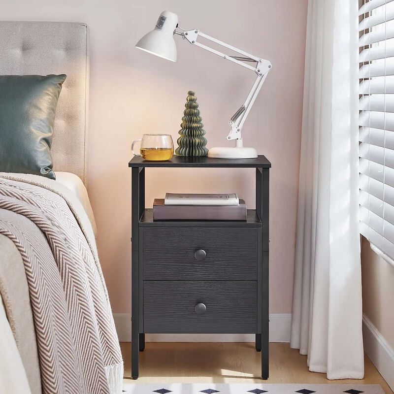 Bedroom Nightstand Set of 2 with Charging Outlets and Storage Drawers- Black image number 3
