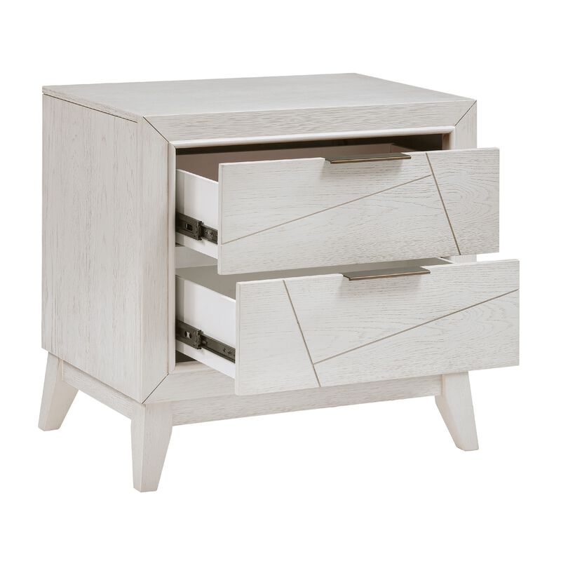 Zine Nightstand, 2 Drawers, Antique White Oak Wood, Flat Black Handles - Benzara