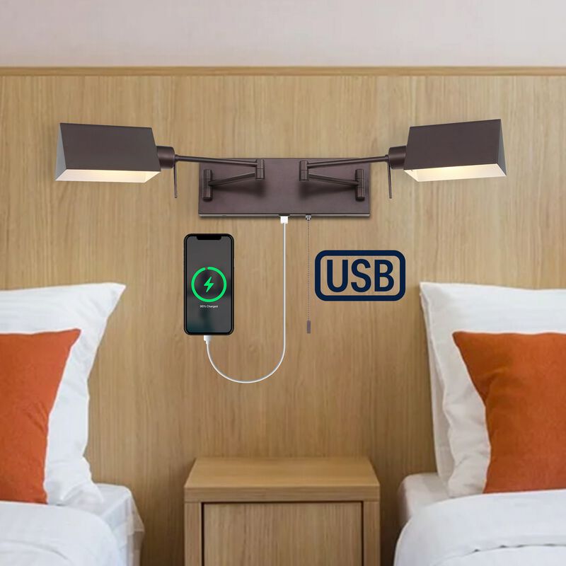 Arlo 54" 2-Light Farmhouse Industrial Double Swing Arm Iron LED Wall Sconce with Pull-Chain USB Charging Port