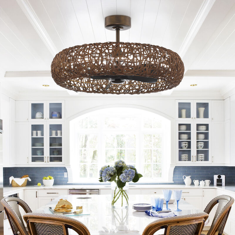 35 in. Rusty Bronze Caged Ceiling Fan with Rattan Light Shade and Remote