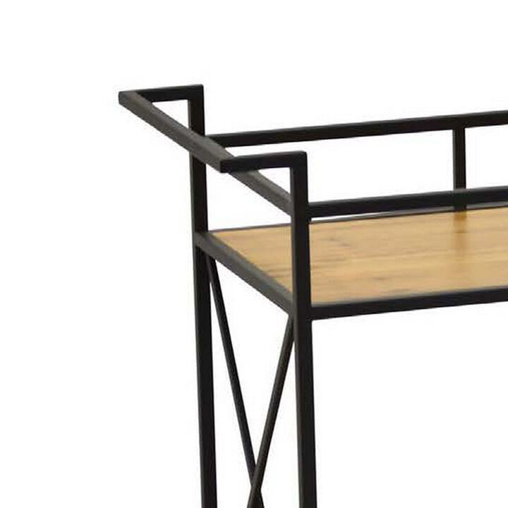 35 Inch  Plant Stand Table, 2 Tier Wood Shelves, Black Metal Frame - Benzara