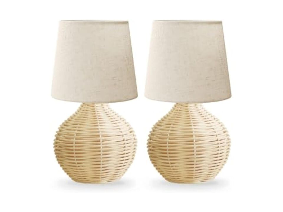 LED Farmhouse Boho Rattan Linen Table Lamp For Bedroom Living Room