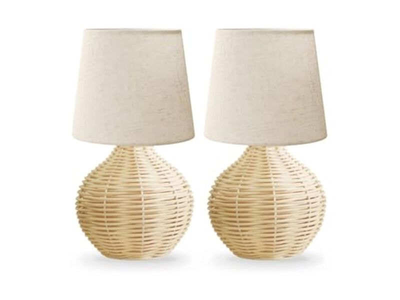LED Farmhouse Boho Rattan Linen Table Lamp For Bedroom Living Room image number 0