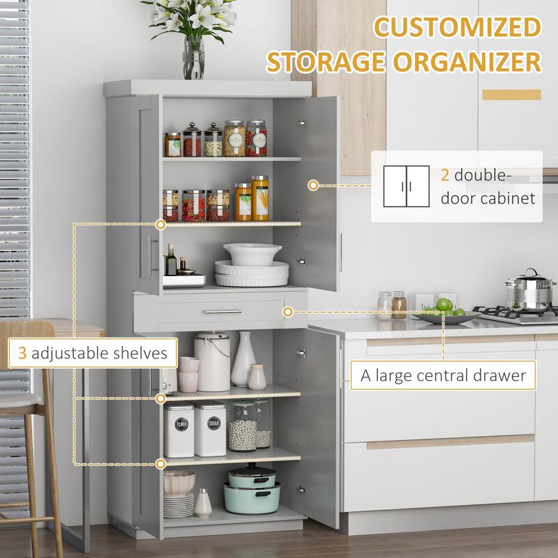 Gray Modern Pantry: Freestanding Cabinet with Doors, Drawer, and Shelves