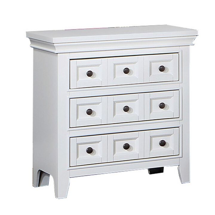 Cile 26 Inch Nightstand, 3 Panel Drawers, White Wood, Round Nickel Handles - Benzara