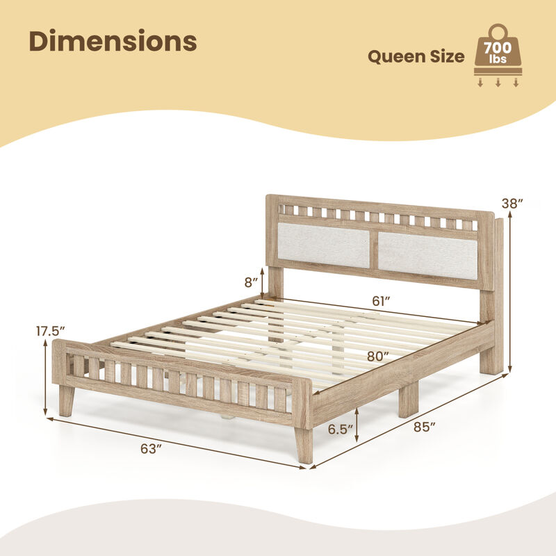 Modern Wood Bed Frame with Upholstered Headboard for Home Bedroom-Natural image number 2