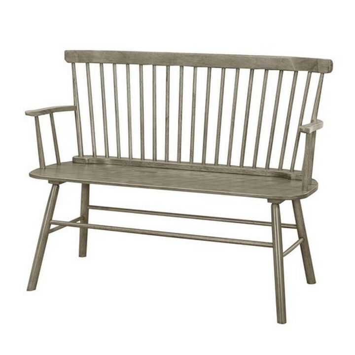 Transitional Style Curved Design Spindle Back Bench with Splayed Legs,Gray - Benzara